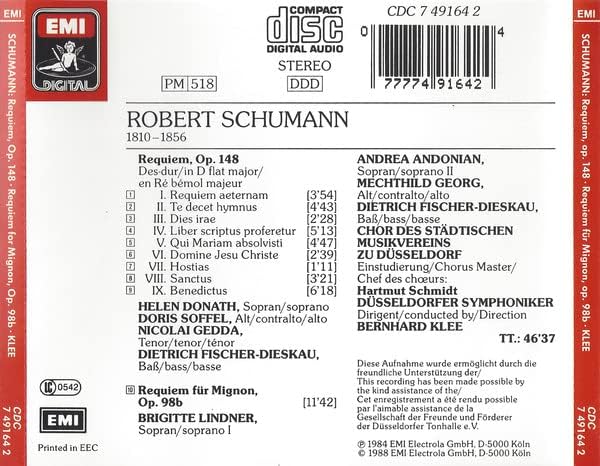 Robert Schumann : Requiem, Op, 148 / Requiem Für Mignon, Op, 98b - 2, artistes (contributeurs) = Bernhard Klee, Düsseldorfer Symphoniker, Nicolai Gedda, Dietrich Fischer-Dieskau, Helen Donath, Brigitte Lindner, Andrea Andonian